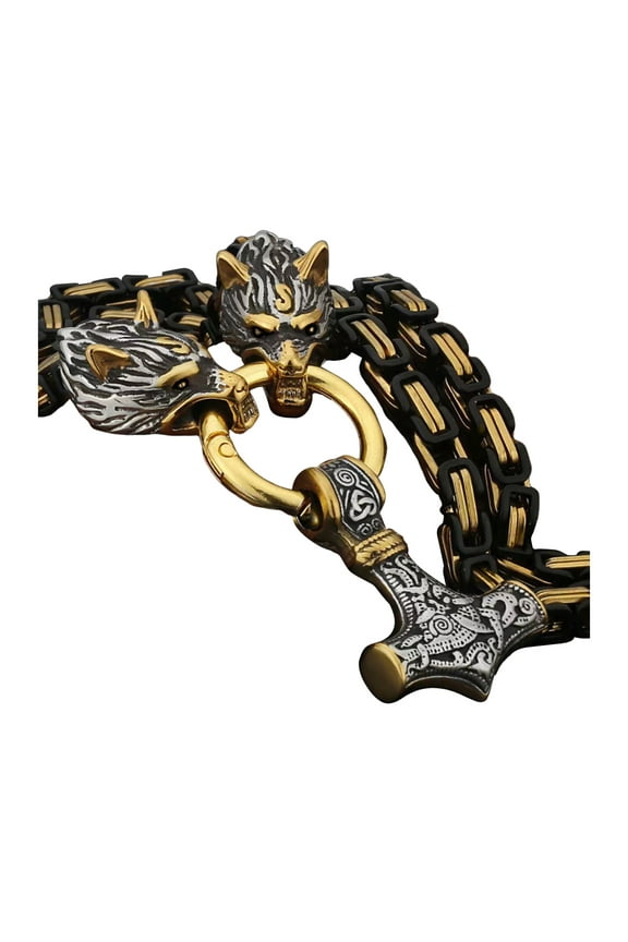 Men Necklace Retro Nordic Viking Style Hammer Wolf Head Pendant Amulet Thick Chain Symbol of Strength Protecting Adult Necklace Birthdays Weddings Christmas Gift