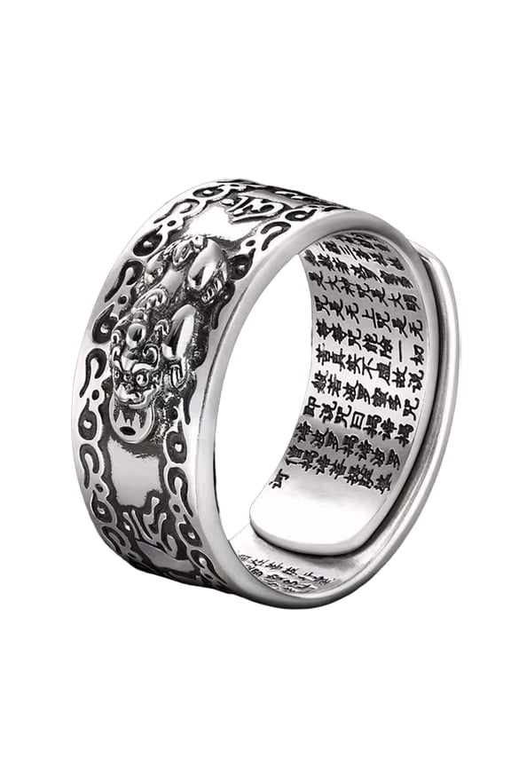 Men Ring Vintage Carving Mantra Scripture Adjustable Bring Luck Wealth Birthday Gift Male Chinese Feng Shui Pixiu Finger Ring Retro Jewelry