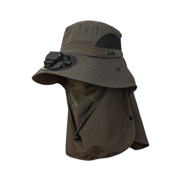 HUANLEDASH Men Solar Fan Hat with Face And Neck Cover USB Rechargeable Fan Large Brim Hollow Mesh Windproof Strap Anti-UV Sunlight Protection Outdoor Fishing Travel Cap