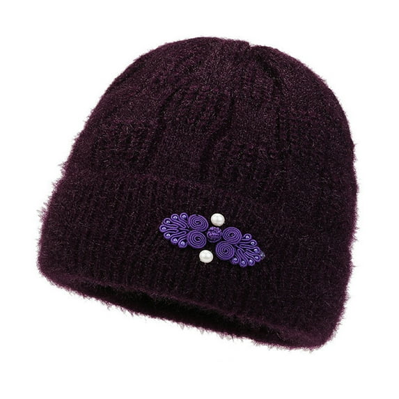 HUANLEDASH Mid-aged Women Winter Hat Flower Applique Decor Dome Knitted Stretchable Beanie Solid Color Brimless Keep Warm Winter Grandmother Mother Cap