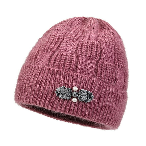 HUANLEDASH Mid-aged Women Winter Hat Flower Applique Decor Dome Knitted Stretchable Beanie Solid Color Brimless Keep Warm Winter Grandmother Mother Cap
