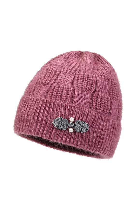 Mid-aged Women Winter Hat Flower Applique Decor Dome Knitted Stretchable Beanie Solid Color Brimless Keep Warm Winter Grandmother Mother Cap