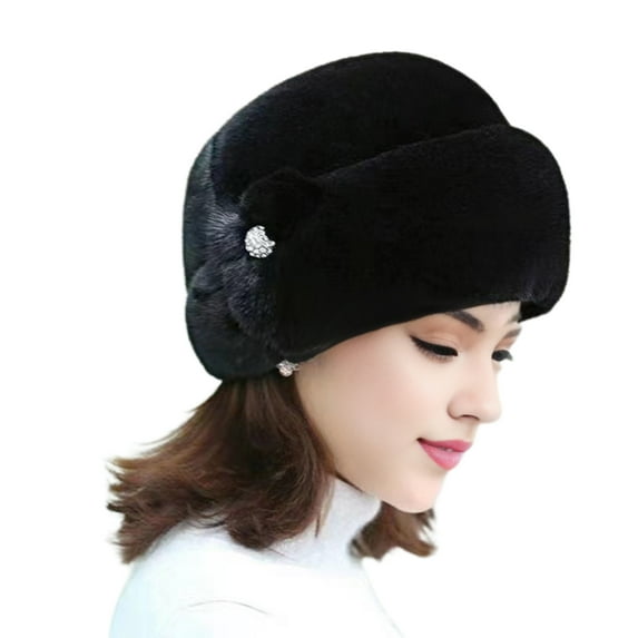 HUANLEDASH Mid-aged Women Winter Hat Thick Plush Faux Fur Heat Retention Windproof Solid Color Rhinestone Decor Outdoor Cycling Skiing Beanie