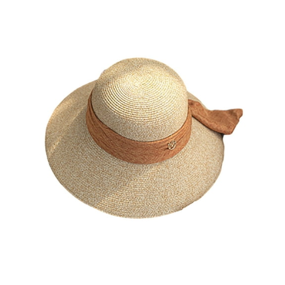 HUANLEDASH Ribbon Bowknot Decor Sun Hat Round Dome Folding Thin Anti-UV Women Big Brim Sunscreen Straw Hat Fashion Accessories