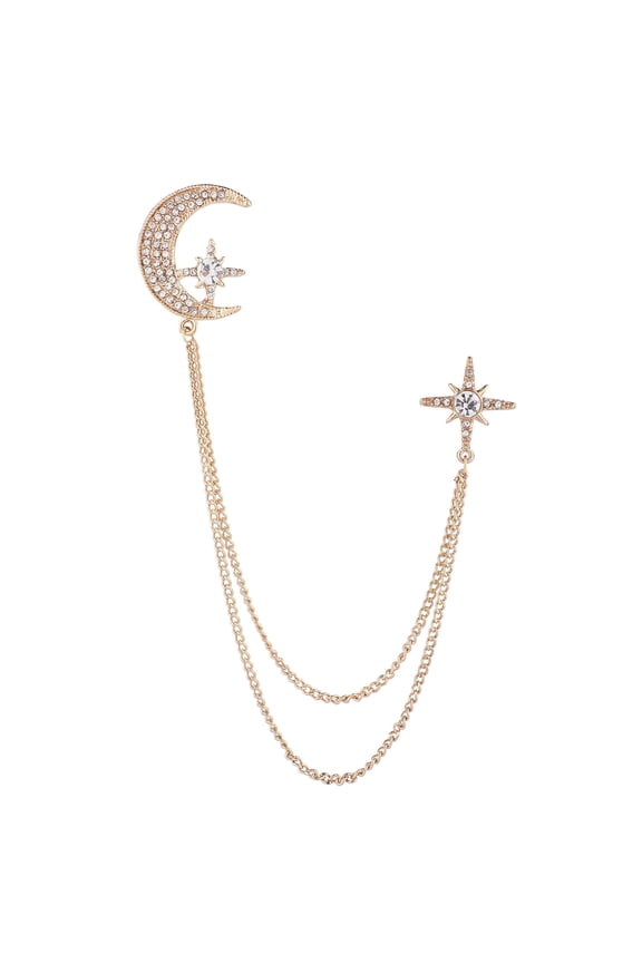 Star Moon Brooch Dazzling Rhinestone Inlaid Hanging Chain Elegant Men Women Business Suit Lapel Collar Pin Fashion Jewelry