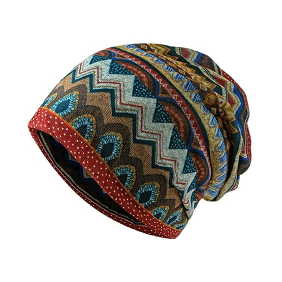 HUANLEDASH Unisex Winter Hat Vintage Ethnic Print Colorful Elastic Anti-slip Regular Fit Baggy Soft Warm Wide Band Colorfast Women Men Beanie