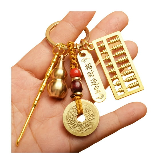 HUANLEDASH Vintage Lucky Gourd Keychain Pendant Solid Brass Coins Purse Keychain Charm Feng Shui Keyring Wealth-Attracting Key Holder