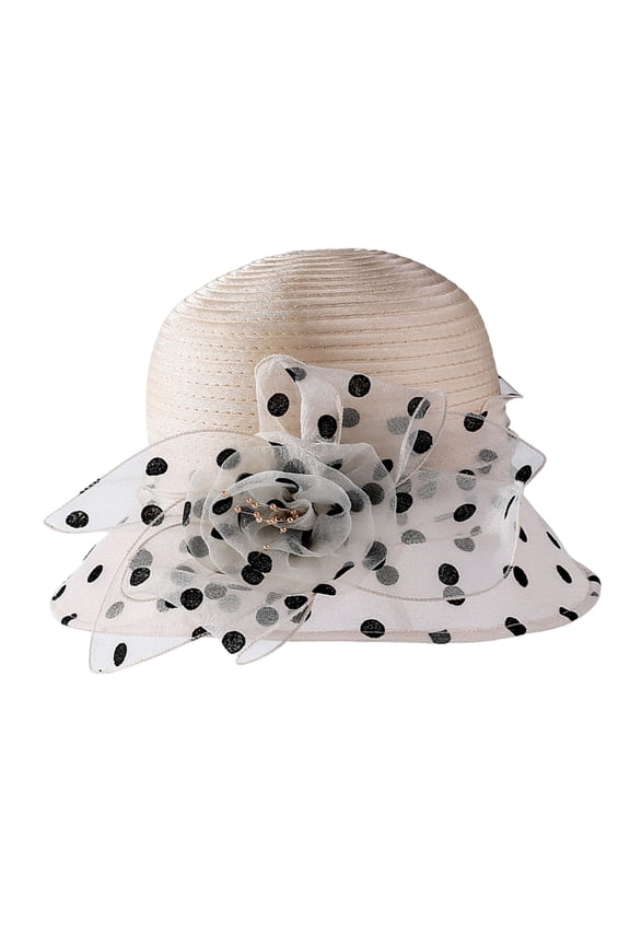Wide Brim Round Dome Foldable Sun Hat Dot Print Flower Decor Organza Hat Fashion Accessories