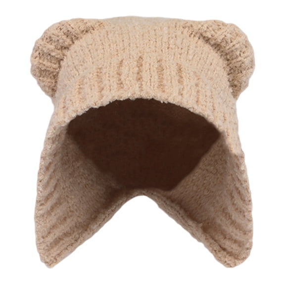 HUANLEDASH Winter Knitted Hat Cartoon Bear Hat Shape Thick Plush Lace-up Strap Knitted Cold-proof Windproof Headwear Girls Outdoor Activities Cap