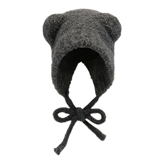 HUANLEDASH Winter Knitted Hat Cartoon Bear Hat Shape Thick Plush Lace-up Strap Knitted Cold-proof Windproof Headwear Girls Outdoor Activities Cap