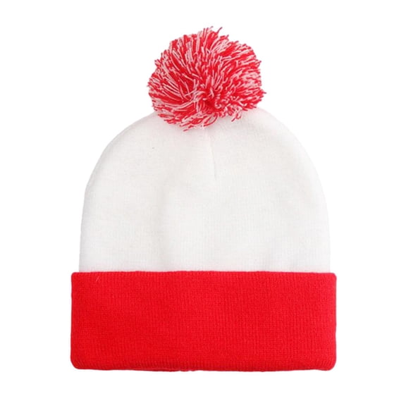 HUANLEDASH Winter Knitted Hat Contrast Color Pom-pom Hat Stretchy Folded Brim Beanie Double-layered Cold Weather Christmas Headwear Photo Prop Hat