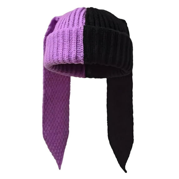 HUANLEDASH Winter Knitted Hat Long Bunny Ear Decor Contrast Color Unisex Thick Warm High Elasticity Windproof Headwear Cold Weather Cap for Skiing And Snowboarding