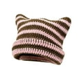 thumbnail image 1 of HUANLEDASH Winter Ladies Hat Kitty Head Contrast Color Striped Star Fur Ball Decor Demon Cap Windproof Elastic Anti-slip Warm Headwear, 1 of 1