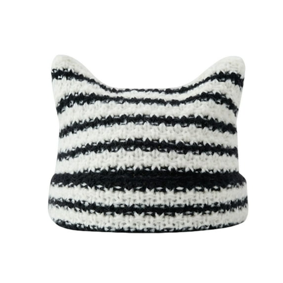 HUANLEDASH Winter Ladies Hat Kitty Head Contrast Color Striped Star Fur Ball Decor Demon Cap Windproof Elastic Anti-slip Warm Headwear