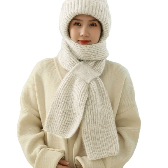 HUANLEDASH Winter Warm Hat with Scarf Solid Color Friendly to Skin Windproof Thickened Ear Protection Outdoor Beanie Hat for Women
