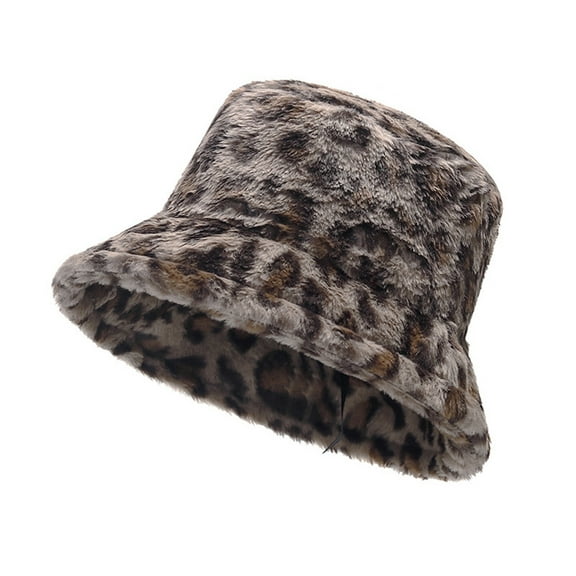 HUANLEDASH Winter Warm Thickened Plush Bucket Hat Super Soft Adjustable Windproof Versatile Leopard Cap Women Headwear