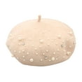 thumbnail image 1 of HUANLEDASH Women Beret Faux Pearl Rhinestone Decor Vintage English Style Woolen Hat No Brim Solid Color Adjustable Straps Pumpkin Cap, 1 of 1