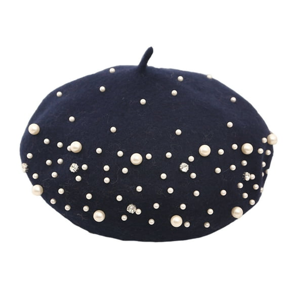 HUANLEDASH Women Beret Faux Pearl Rhinestone Decor Vintage English Style Woolen Hat No Brim Solid Color Adjustable Straps Pumpkin Cap