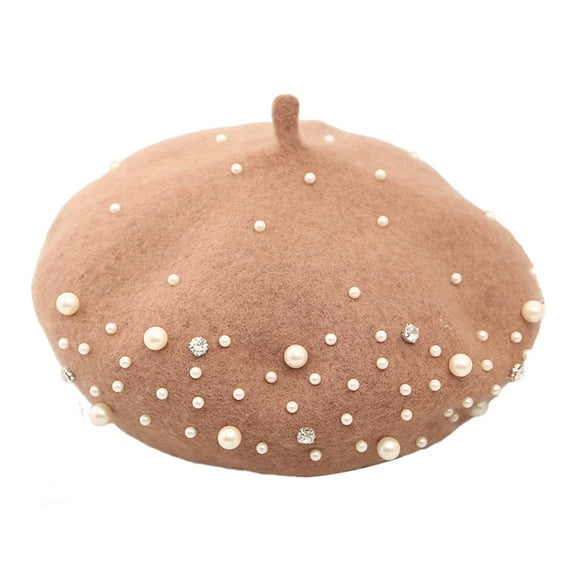HUANLEDASH Women Beret Faux Pearl Rhinestone Decor Vintage English Style Woolen Hat No Brim Solid Color Adjustable Straps Pumpkin Cap