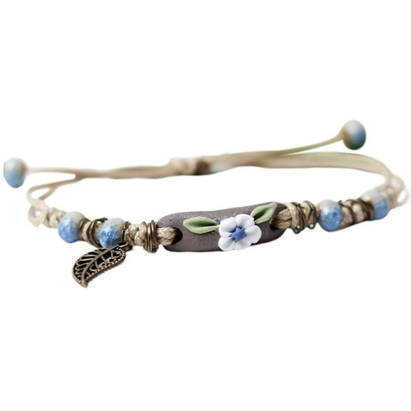 HUANLEDASH Women Bracelet Handmade Braided Woven Ceramic Beads Hollow Leaf Ethnic Style Gift Adjustable Flower Charm Students Bracelet Rope Fashion Jewelry