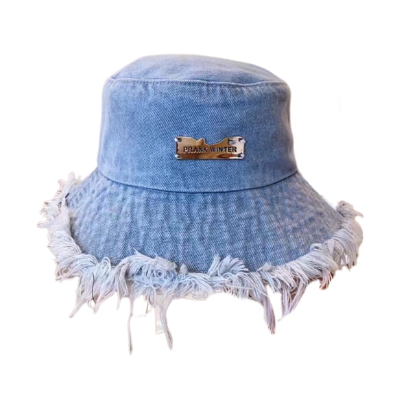 HUANLEDASH Women Bucket Hat Ripped Edge Flat Top Distressed Denim Large Brim Solid Color Tag Decor Lightweight Anti-UV Sun Protection Fisherman Cap for Hiking Outings Traveling