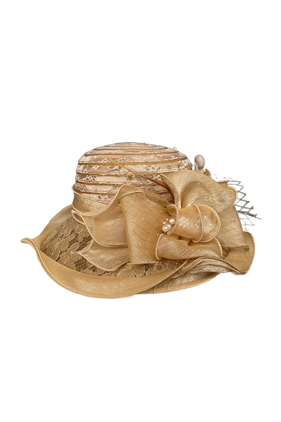 Women Fisherman Hat Organza Lace Bow Faux Pearl Feather Decor Vintage Royal Style Flat Top Anti-UV Sun Protection Prom Party Formal Occasion Cap