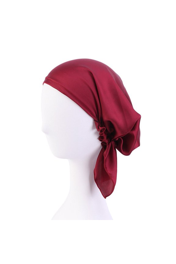 Women Head Warp Solid Color Elastic Band Anti-slip Satin Nightcap Breathable One Size Head Protection Chemotherapy Patients Hat Headwear