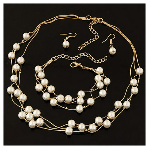 HUANLEDASH Women Jewelry Set Necklace Bracelet Earrings Faux Pearl Decor Multi Layers Necklace Adjustable Stainless Lightweight Sweater Chain Lady Ear Neck Decoration Jewelry