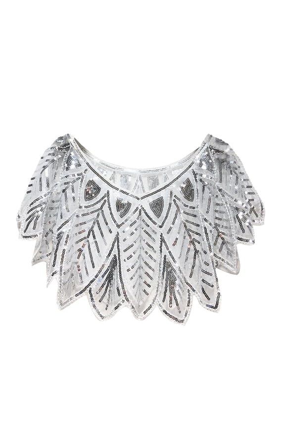 Women Party Shawl Sequin Summer Short Thin Coat V Neck See-through Gauze Leaf Shape Embroideried Beaded Capelet Sparking Cape