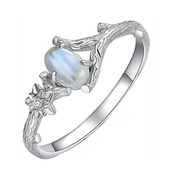 HUANLEDASH Women Ring Natural Stone Silver Color Engraved Tree Branch Flower Vintage Faux Moonstone Inlaid Finger Ring Fashion Jewelry