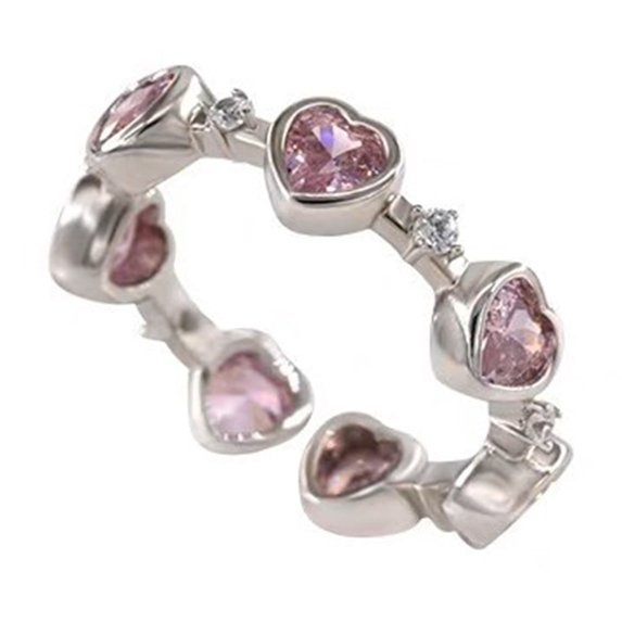 HUANLEDASH Women Ring Pink Rhinestone Geometric Faux Crystal Adjustable Smooth Dress Up Fashion Item Love Heart Open Ring Jewelry Accessory