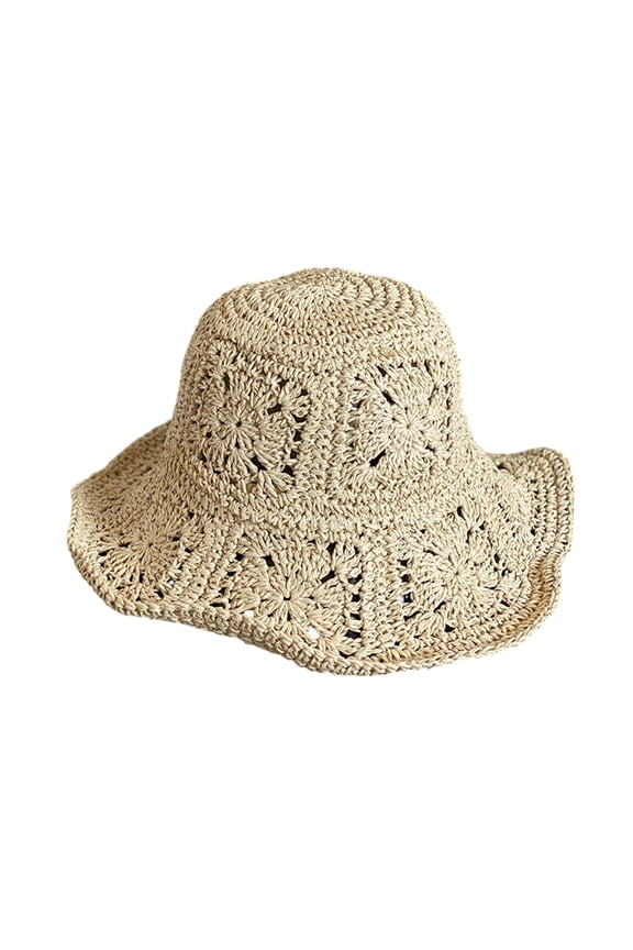 Women Summer Solid Color Crochet Straw Hat Foldable Wide Brim UV Protection Hollow Breathable Beach Bucket Sun Hat