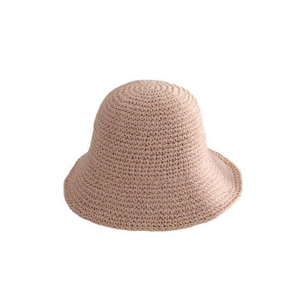 HUANLEDASH Women Summer Solid Color Woven Straw Bucket Sun Hat Foldable Wide Brim Hollow Breathable Sunscreen Beach Hat