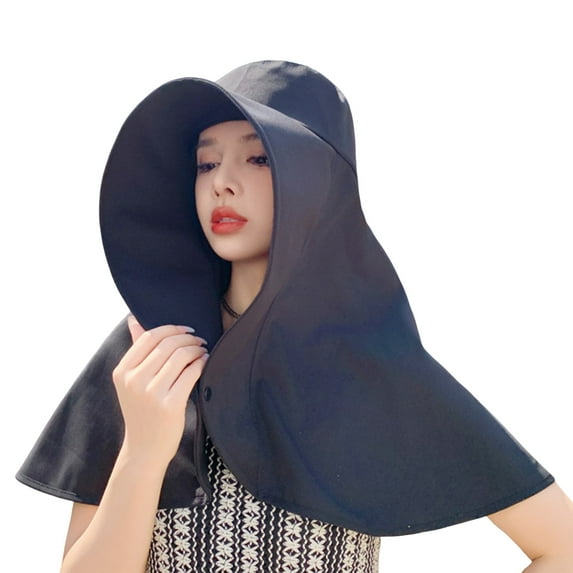 HUANLEDASH Women Sun Hat Shawl Design Neck Cover Sun Protection Anti-UV Extra Large Brim Button Foldable Travel Gardening Hiking Outdoor Cap