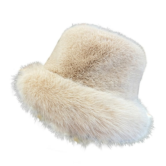 HUANLEDASH Women Winter Bucket Hat Fuzzy Plush Thickened Windproof Heat Retention Solid Color Dome Faux Fur Fisherman Hat Outdoor Cap
