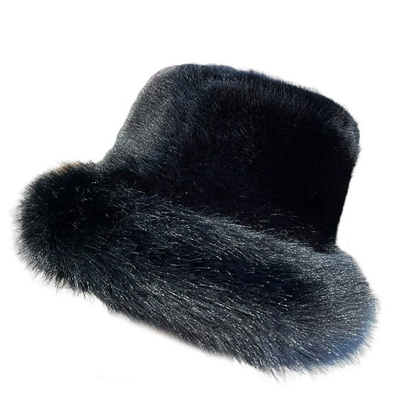 HUANLEDASH Women Winter Bucket Hat Fuzzy Plush Thickened Windproof Heat Retention Solid Color Dome Faux Fur Fisherman Hat Outdoor Cap