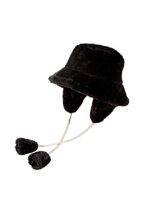 Women Winter Hat Falt Top Wide Brim Ear Protection Thick Plush Pure Color Strap Decor Detachable Earflap Windproof Soft Outdoor Bucket Cap