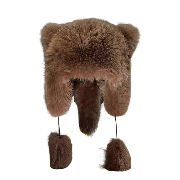 HUANLEDASH Women Winter Hat Faux Fur Drawstring Ball Decor Racoon Cap Full Protection Windproof Warm Outdoor Skiing Headwear Photo Prop