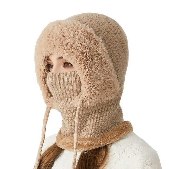 HUANLEDASH Women Winter Hat with Integrated Scarf Cold-proof Front Cover Thick Knitted Warm Solid Color Full Protection Outdoor Cycling Travel Cold Weather Cap