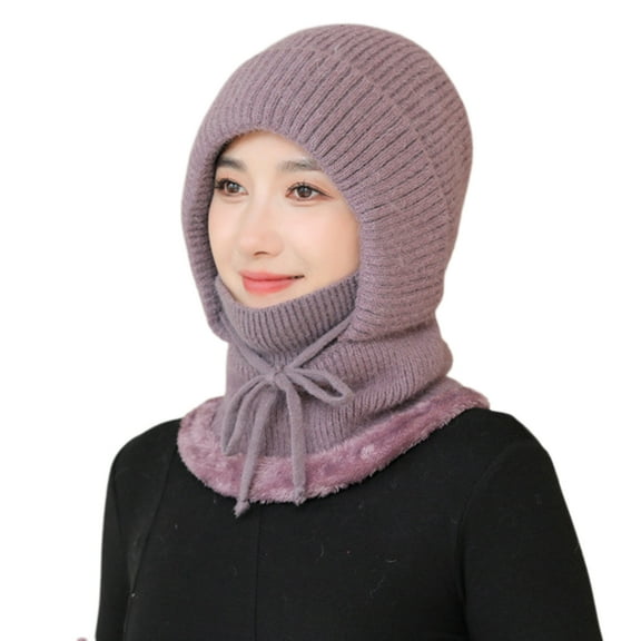 HUANLEDASH Women Winter Hat with Integrated Scarf Thick Imitation Rabbit Fur Warm Knitted Windproof High Elasticity Full Protection Outdoor Travel Cold Weather Cap