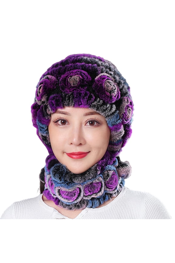 Women Winter Hat with Integrated Scarf Thick Warm Faux Rex Rabbit Fur Flower Decor Windproof Full Protection Outdoor Travel Cold Weather Cap