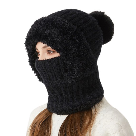 HUANLEDASH Women Winter Hat with Integrated Scarf Thick Warm Plush Lining Knitted Windproof High Elasticity Full Protection Outdoor Travel Cold Weather Cap