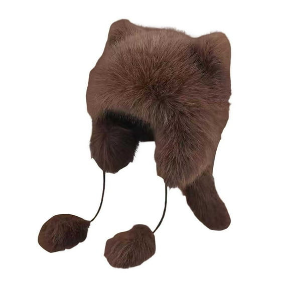 HUANLEDASH Women Winter Hat Thick Faux Fur Ear And Tail Decor Cartoon Racoon Solid Color Ear Protecting Windproof Lei Feng Cap for Skiing Snowboarding Hiking