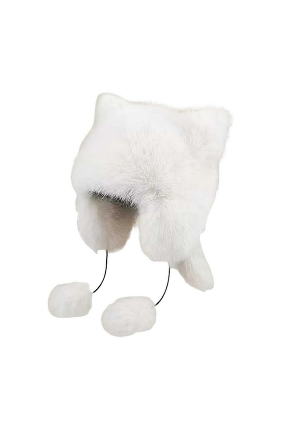 Women Winter Hat Thick Faux Fur Ear And Tail Decor Cartoon Racoon Solid Color Ear Protecting Windproof Lei Feng Cap for Skiing Snowboarding Hiking