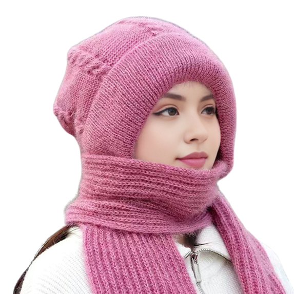 HUANLEDASH Women Winter Hat with Integrated Long Scarf Thick Warm Knitted Windproof High Elasticity Full Protection Outdoor Travel Cold Weather Cap