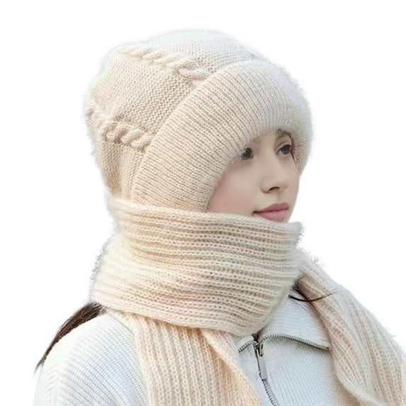 HUANLEDASH Women Winter Hat with Integrated Long Scarf Thick Warm Knitted Windproof High Elasticity Full Protection Outdoor Travel Cold Weather Cap