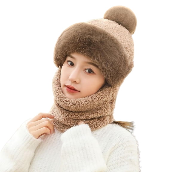HUANLEDASH Women Winter Hat with Integrated Scarf Cold-proof Front Cover Thick Plush Warm Full Protection Outdoor Cycling Travel Cold Weather Cap