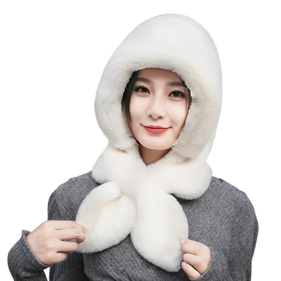HUANLEDASH Women Winter Hat with Integrated Scarf Thick Warm Faux Rabbit Fur Solid Color Full Protection Outdoor Cycling Travel Cold Weather Cap
