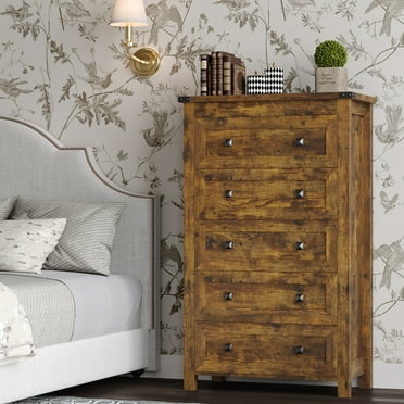 HUANLEGO 5 Drawer Dresser for Bedroom, Brown Storage Cabinet for Living Room, Kitchen, Entryway