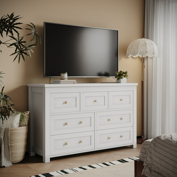 HUANLEGO FURNITURE 7 Drawer Dressing Chest for Bedroom, Rustic Tall Chest of Drawers, White